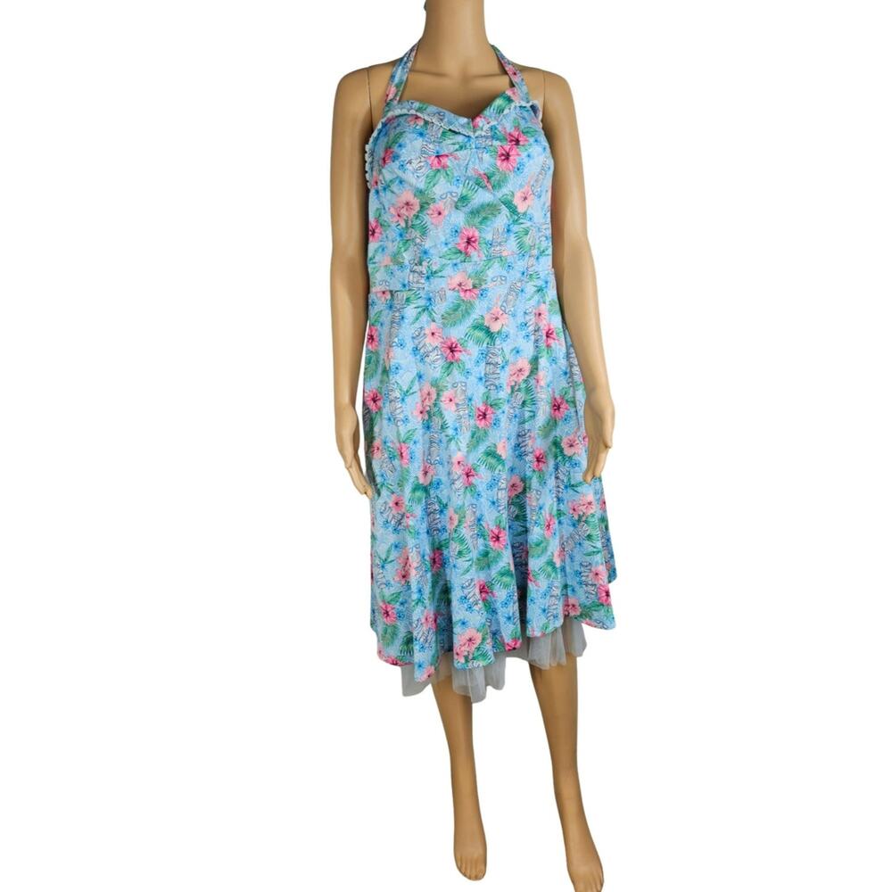 Tiki Hawaiian Blue Pink Floral Fit Flare Swing Halter Dress Womens 18 Hot Topic
